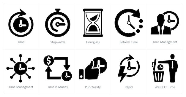 Un conjunto de 10 iconos de mezcla como reloj de arena de cronómetro de tiempo