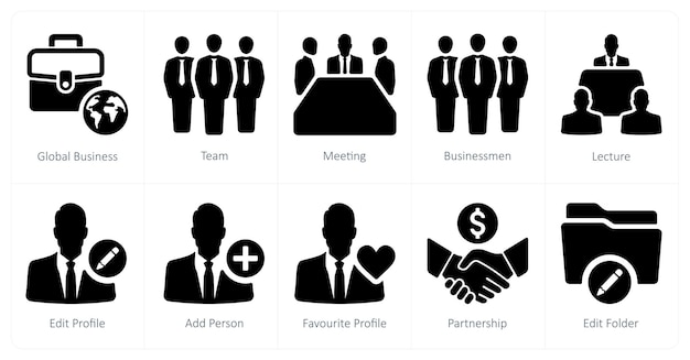 Un conjunto de 10 íconos de mezcla como reunión de equipo de negocios global