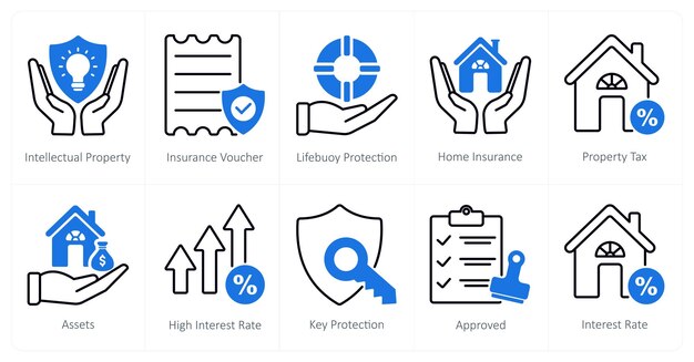 Un conjunto de 10 íconos de mezcla como seguro de propiedad intelectual voucher protección de salvavidas