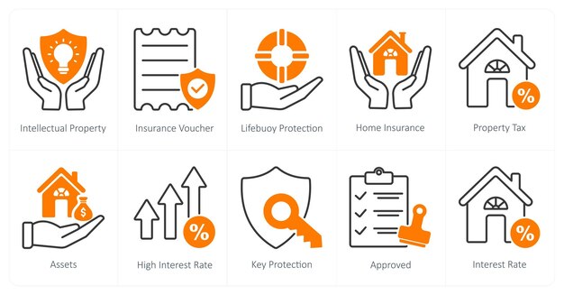 Un conjunto de 10 íconos de mezcla como seguro de propiedad intelectual voucher protección de salvavidas