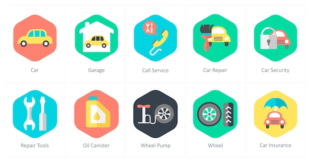 Un conjunto de 10 íconos de mezcla como servicio de llamada de garaje de automóviles