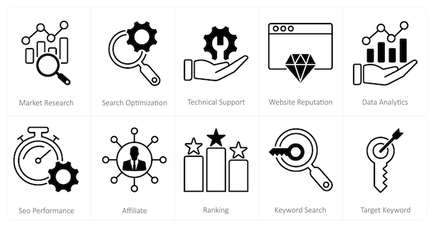 Un conjunto de 10 íconos de mezcla como soporte técnico de optimización de búsqueda de investigación de mercado