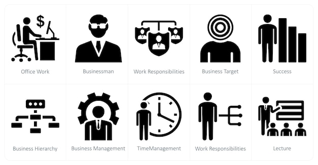 Un conjunto de 10 íconos de mezcla como trabajos de oficina, responsabilidades de trabajo de empresarios