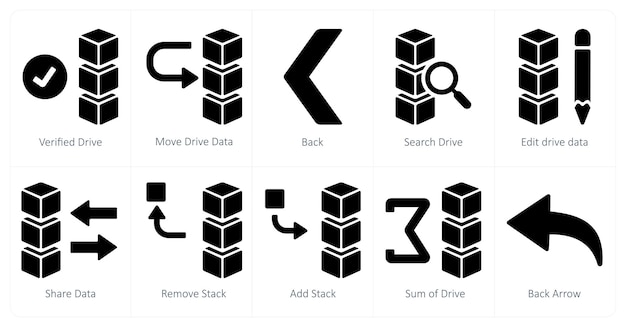 Un conjunto de 10 íconos de mezcla como unidad verificada mover los datos de la unidad de vuelta