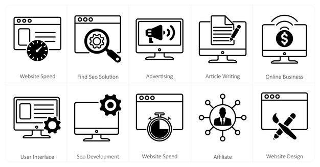 Un conjunto de 10 íconos de mezcla como la velocidad del sitio web encontrar publicidad de solución SEO