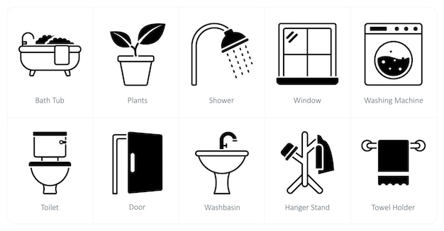 Un conjunto de 10 íconos de muebles como bañera de plantas de ducha