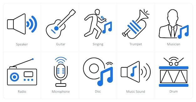 Un conjunto de 10 íconos de la música como cantante de guitarra de altavoz