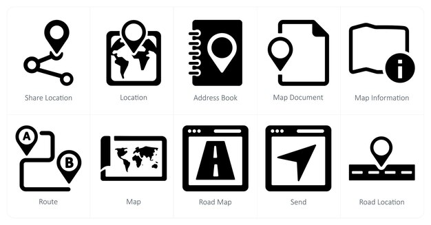 Un conjunto de 10 iconos de navegación como libro de direcciones de ubicación de ubicación compartida