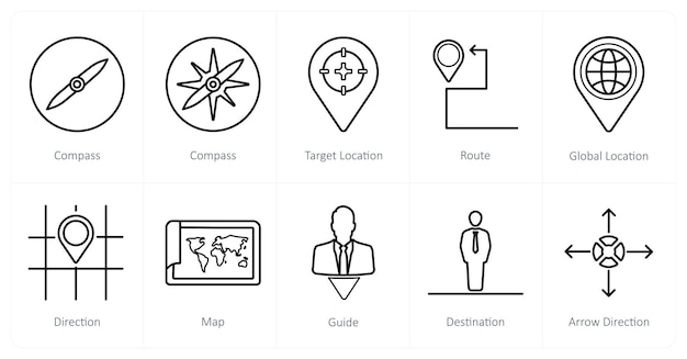 Un conjunto de 10 iconos de navegación como ruta de ubicación del objetivo de la brújula