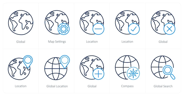 Un conjunto de 10 iconos de navegación como ubicación de configuraciones de mapa global