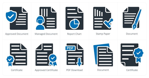 Un conjunto de 10 iconos de negocio como documento aprobado diagrama de informe de documento administrado