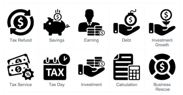 Un conjunto de 10 iconos de negocios como ahorros de reembolso de impuestos ganando