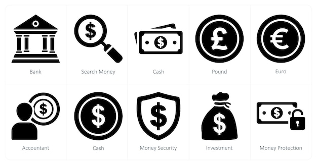 Un conjunto de 10 íconos de negocios como banco de búsqueda de dinero en efectivo
