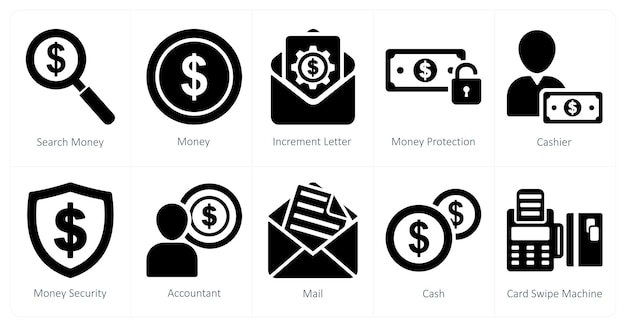 Un conjunto de 10 iconos de negocios como búsqueda de dinero letra de incremento de dinero