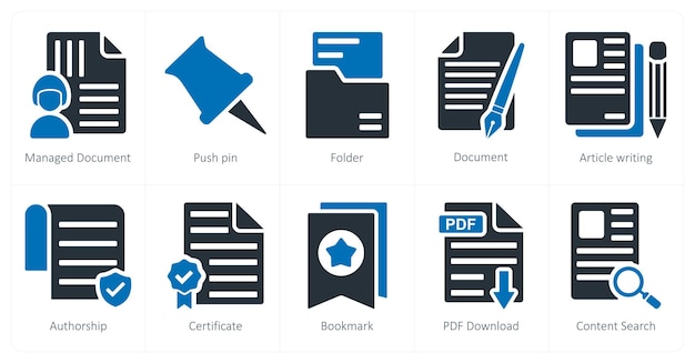 Un conjunto de 10 iconos de negocios como carpeta de pin de empuje de documento administrado