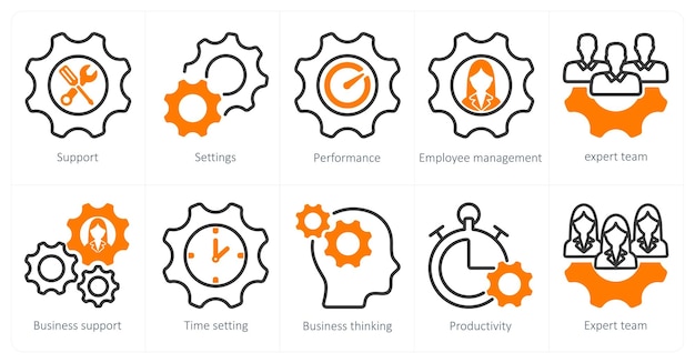 Un conjunto de 10 iconos de negocios como configuración de soporte para la gestión del rendimiento de los empleados