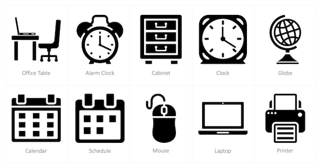 Un conjunto de 10 iconos de negocios como despertador de mesa de oficina