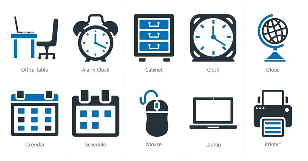 Un conjunto de 10 iconos de negocios como despertador de mesa de oficina