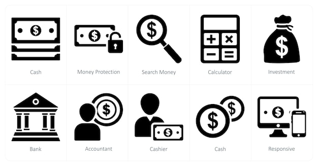 Un conjunto de 10 iconos de negocios como dinero en efectivo protección de búsqueda de dinero