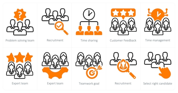 Un conjunto de 10 iconos de negocios como equipo de resolución de problemas de reclutamiento de tiempo compartido