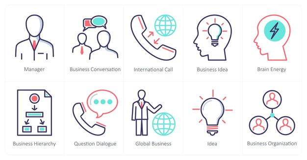 Un conjunto de 10 iconos de negocios como gerente conversación de negocios llamada internacional