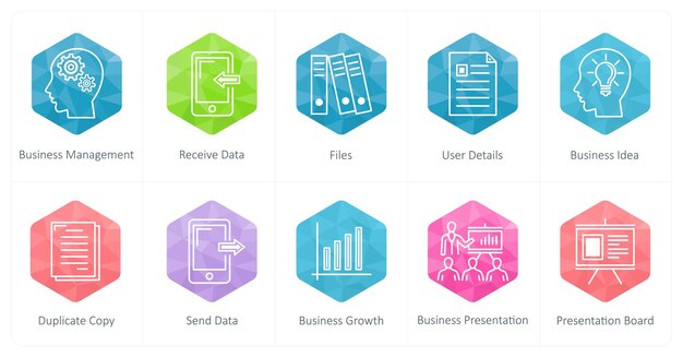 Un conjunto de 10 iconos de negocios como gestión de negocios reciben archivos de datos