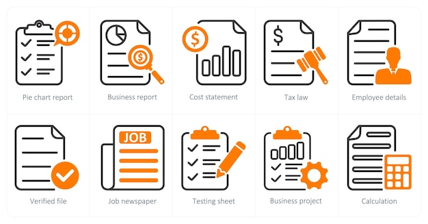 Un conjunto de 10 iconos de negocios como gráfico de pastel informe informe de negocios estado de costos