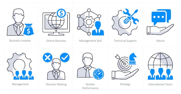Un conjunto de 10 iconos de negocios como inversor de negocios habilidad de gestión de negocios en línea