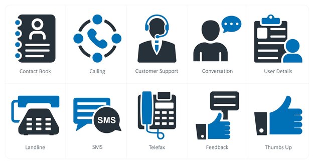 Un conjunto de 10 iconos de negocios como libro de contactos llamando al soporte al cliente