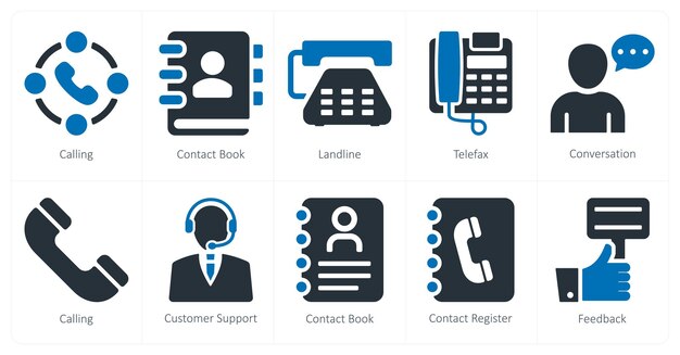 Un conjunto de 10 iconos de negocios como llamadas a la guía de contactos de línea fija