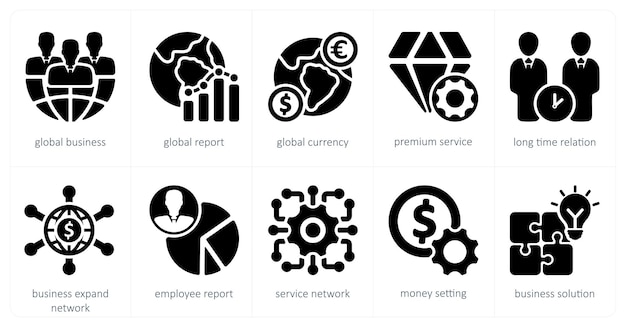 Un conjunto de 10 iconos de negocios como negocios globales informe global moneda global