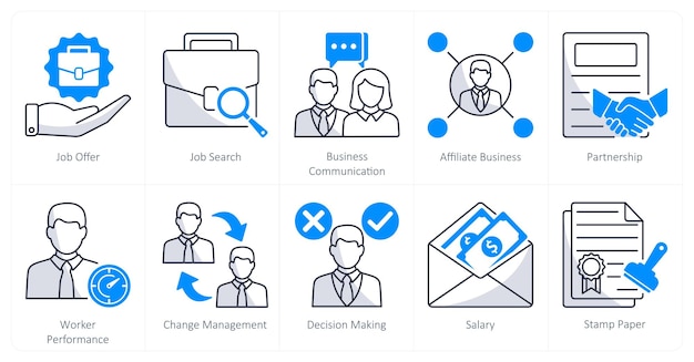 Un conjunto de 10 iconos de negocios como oferta de trabajo búsqueda de trabajo comunicación empresarial