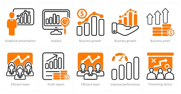 Un conjunto de 10 iconos de negocios como presentación gráfica de análisis de crecimiento empresarial