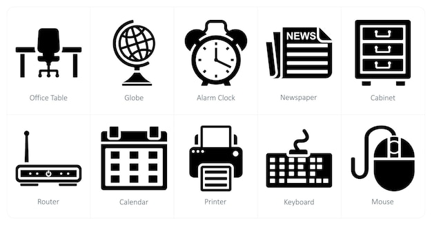 Un conjunto de 10 iconos de negocios como reloj de alarma de mesa de la oficina