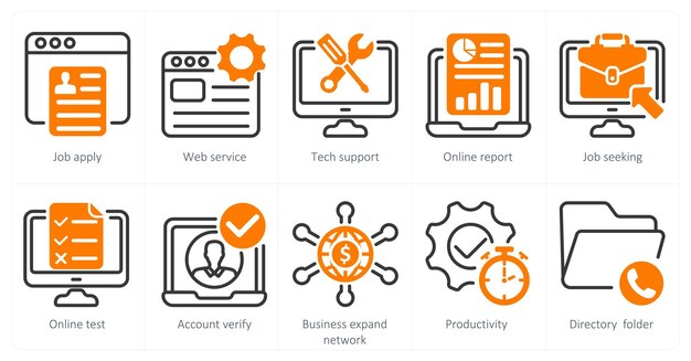 Un conjunto de 10 iconos de negocios como servicio web de solicitud de empleo informe en línea
