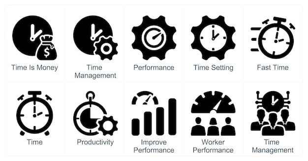 Un conjunto de 10 iconos de negocios como el tiempo es dinero rendimiento de gestión del tiempo