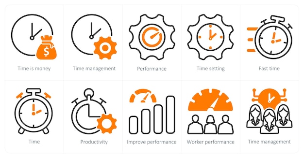 Un conjunto de 10 iconos de negocios como el tiempo es dinero rendimiento de gestión del tiempo