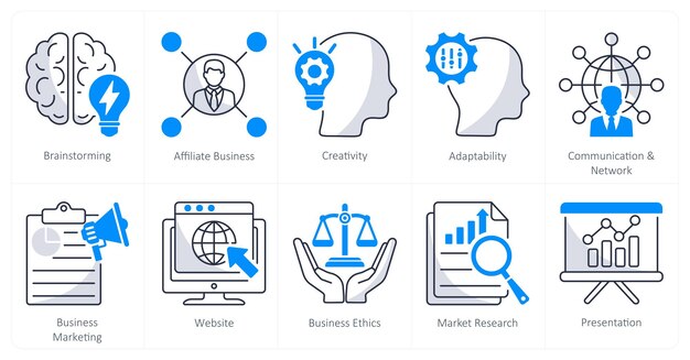 Un conjunto de 10 iconos de negocios como tormenta de ideas de creatividad de negocios afiliados