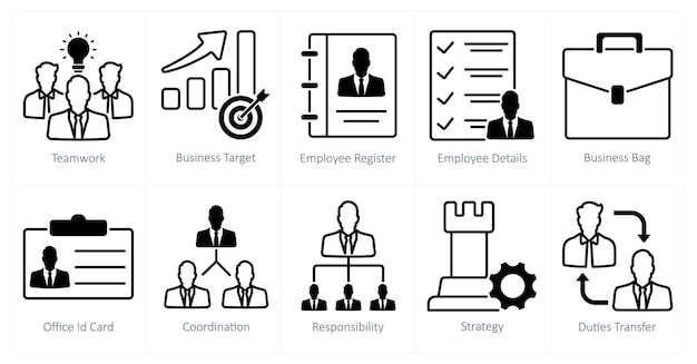 Un conjunto de 10 iconos de negocios y oficinas como registro de empleados objetivo de trabajo en equipo