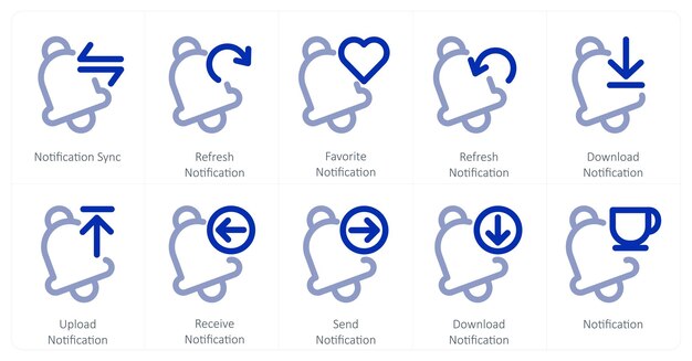 Un conjunto de 10 iconos de notificación como notificación sincronización actualización notificación notificación favorita