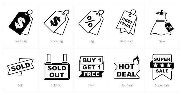 Un conjunto de 10 iconos de oferta como etiqueta de precio etiqueta de mejor precio