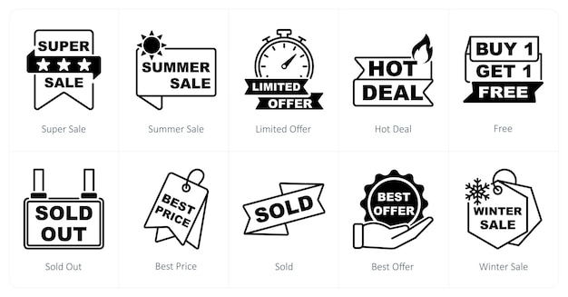 Un conjunto de 10 iconos de oferta como oferta limitada de venta de verano de súper venta