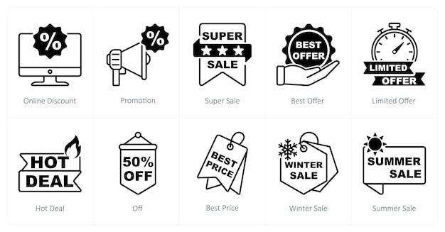 Un conjunto de 10 íconos de oferta como promoción de descuento en línea súper venta