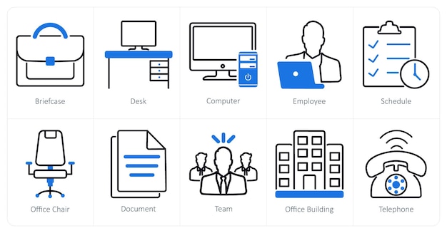 Un conjunto de 10 iconos de oficina como computadora de escritorio de maletín