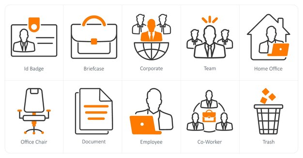 Un conjunto de 10 iconos de oficina como identificación, insignia, maletín corporativo