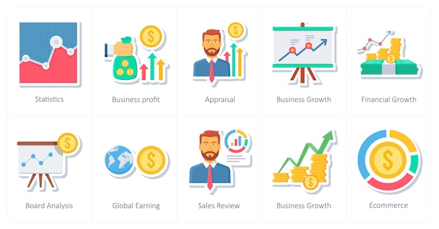 Un conjunto de 10 iconos de oficina y negocios como estadísticas de evaluación de ganancias comerciales
