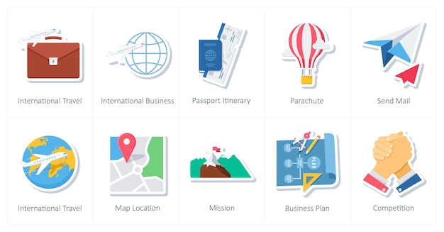 Un conjunto de 10 iconos de oficina y negocios como pasaporte de negocios internacionales para viajes internacionales