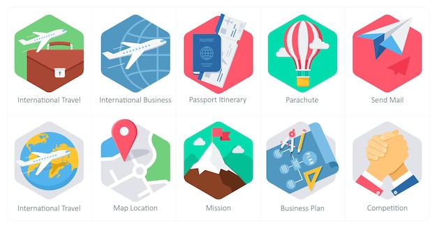 Un conjunto de 10 iconos de oficina y negocios como pasaporte de negocios internacionales para viajes internacionales