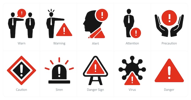 Un conjunto de 10 iconos de peligro de peligro como advertencia de advertencia de alerta