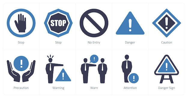 Un conjunto de 10 iconos de peligro de peligro como detener ningún peligro de entrada